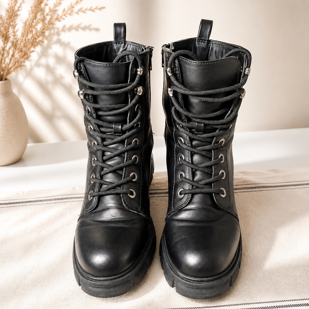 MIA Yoana Black Combat Boots Lace Up Lug Sole Side Zip MH1119MM Womens 8.5M